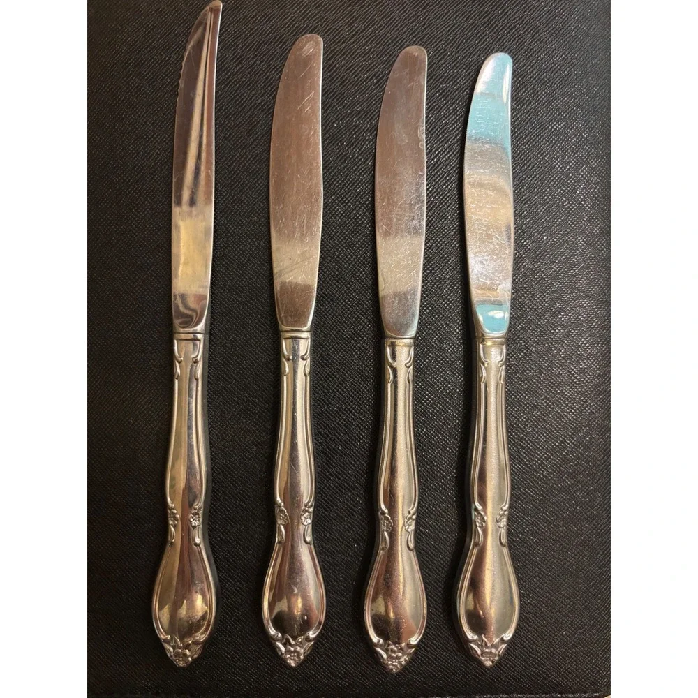 Vintage Stainless Steel Floral Scroll Knives Set of 4 Mixed Dinner Steak Knives